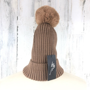 Women's Brown Cable Knit Beanie Puff‎ Ball Hat